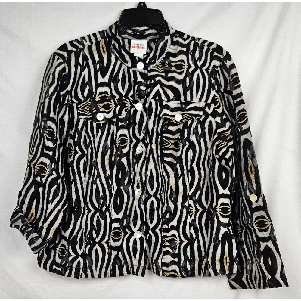 Ruby Rd Favorites Zebra Animal Print Jacket Blk Shell Button Front Women 14